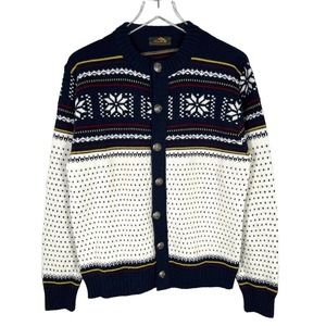 Alps Knitmeister Vintage Ski Cardigan L Fair Isle Blue Off-White Sweater